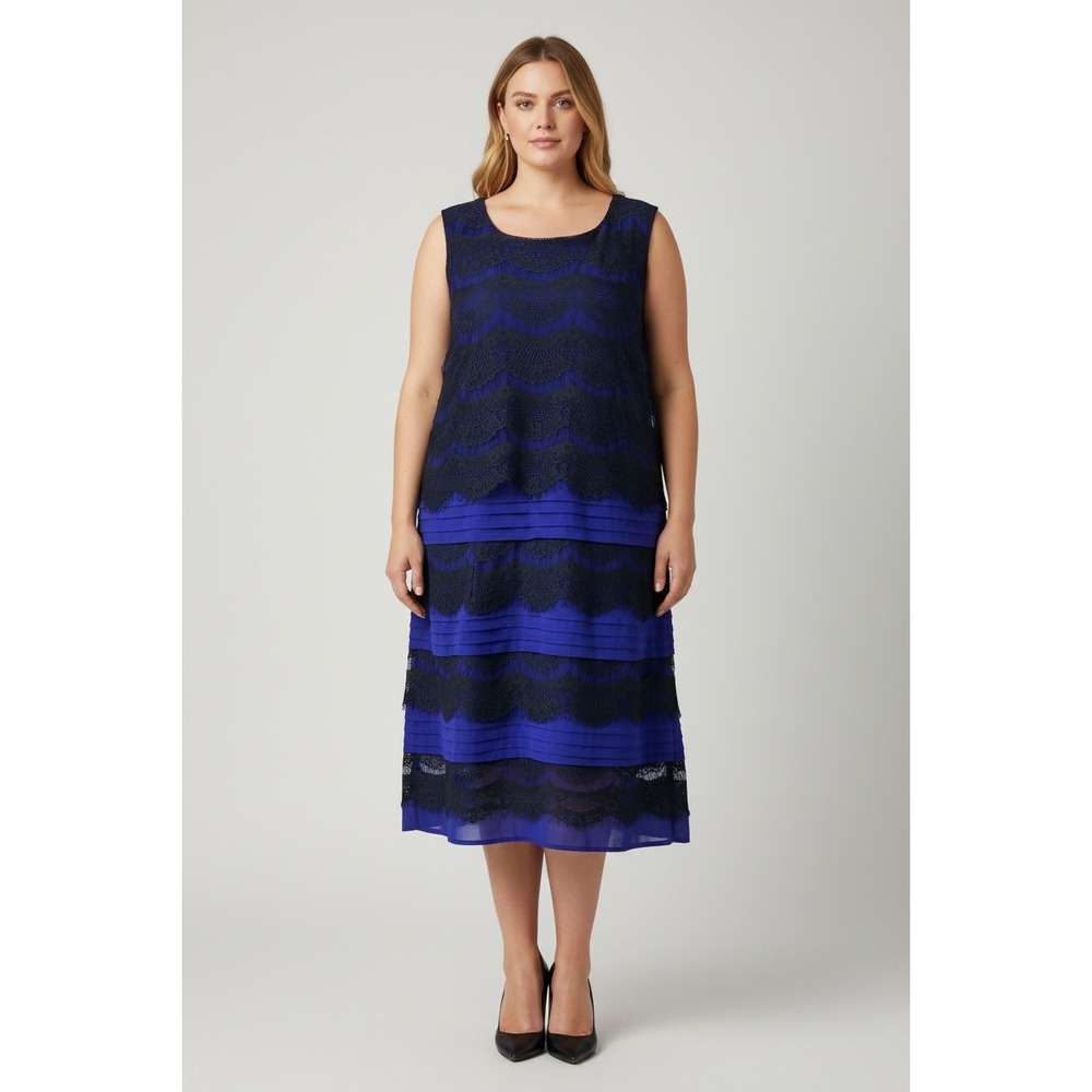NEW Jessica Royal Blue Black Plus Size 18W Tiered Lace Cocktail‎ Dress Party